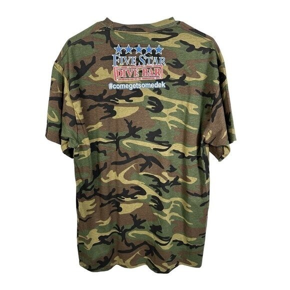 Port & Company Mens Camo Support Our Troops Five Star Dive Bar T-Shirt Large