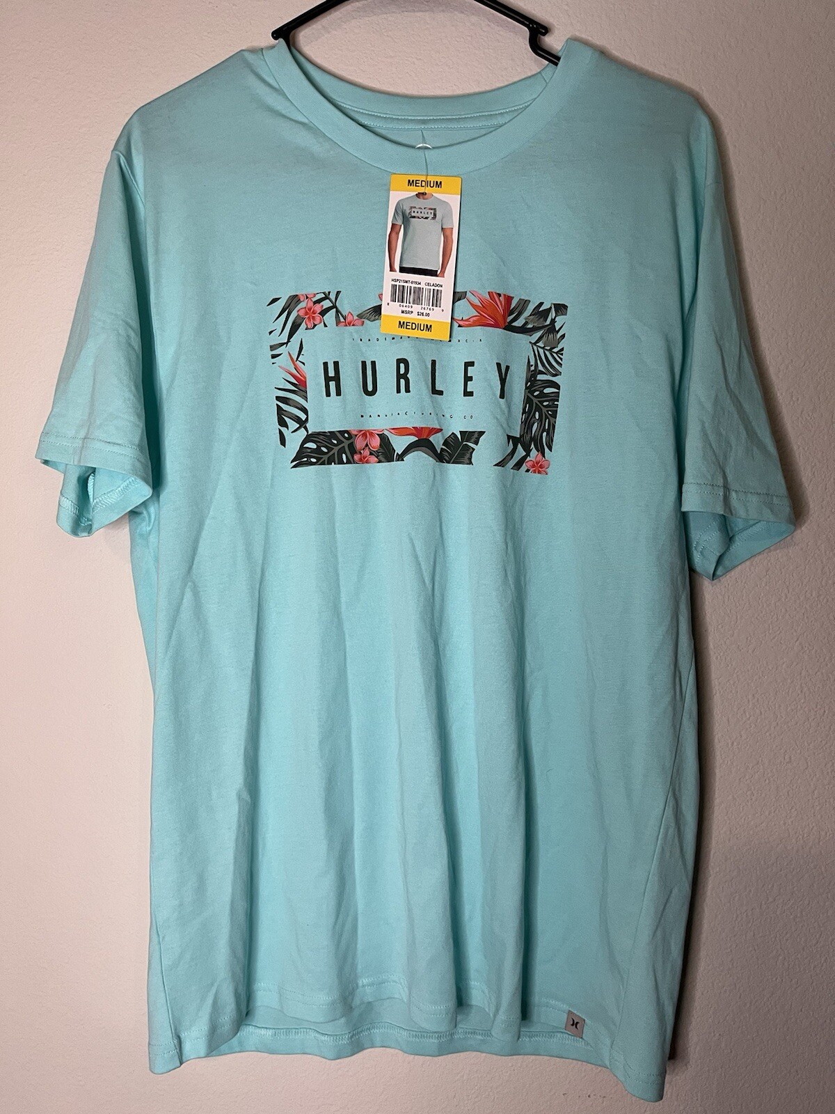 Hurley Shirt Medium Celadon Green Floral Graphic Short Sleeve New With Tag Mens