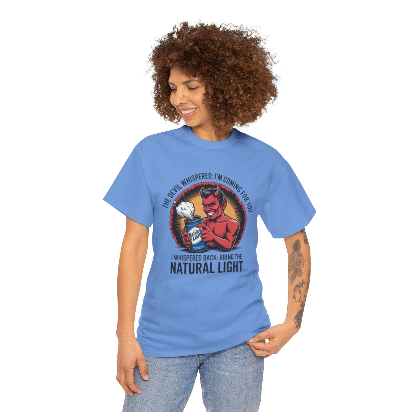 Devil Holding Beer Can, Natty Natural Light Beer T-Shirt | Natural Light Beer