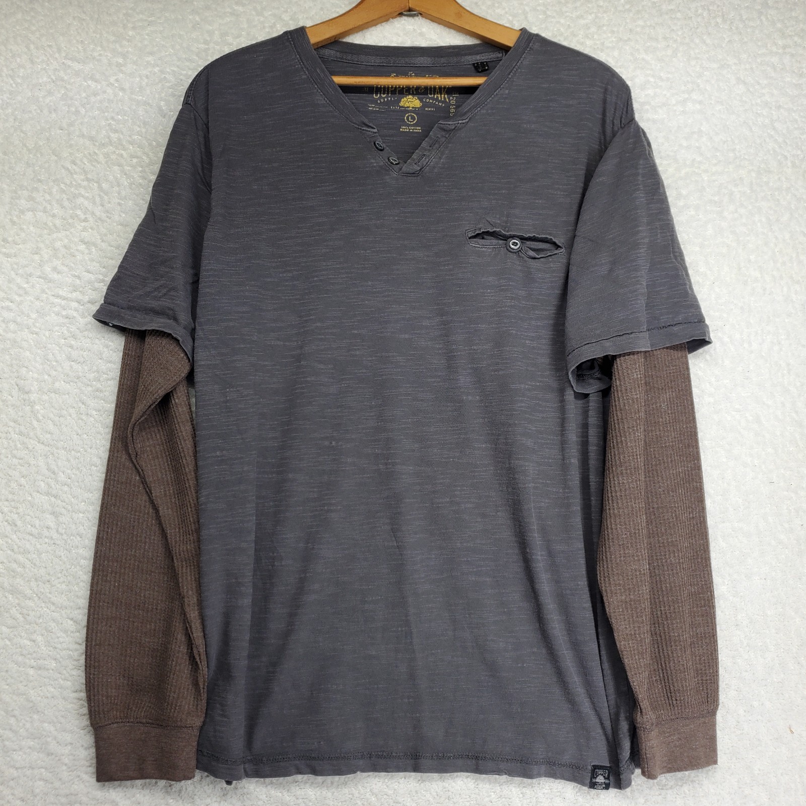 Men’s Henley Twofer Shirt Large Gray Brown Thermal Sleeve MMA Y2K Skater 90’s