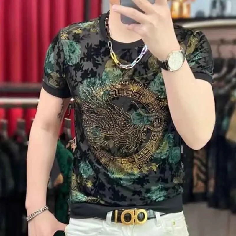 New Men Luxury Diamond Dragon Rhinestones Fashion T-Shirt High Quality 2 Colors