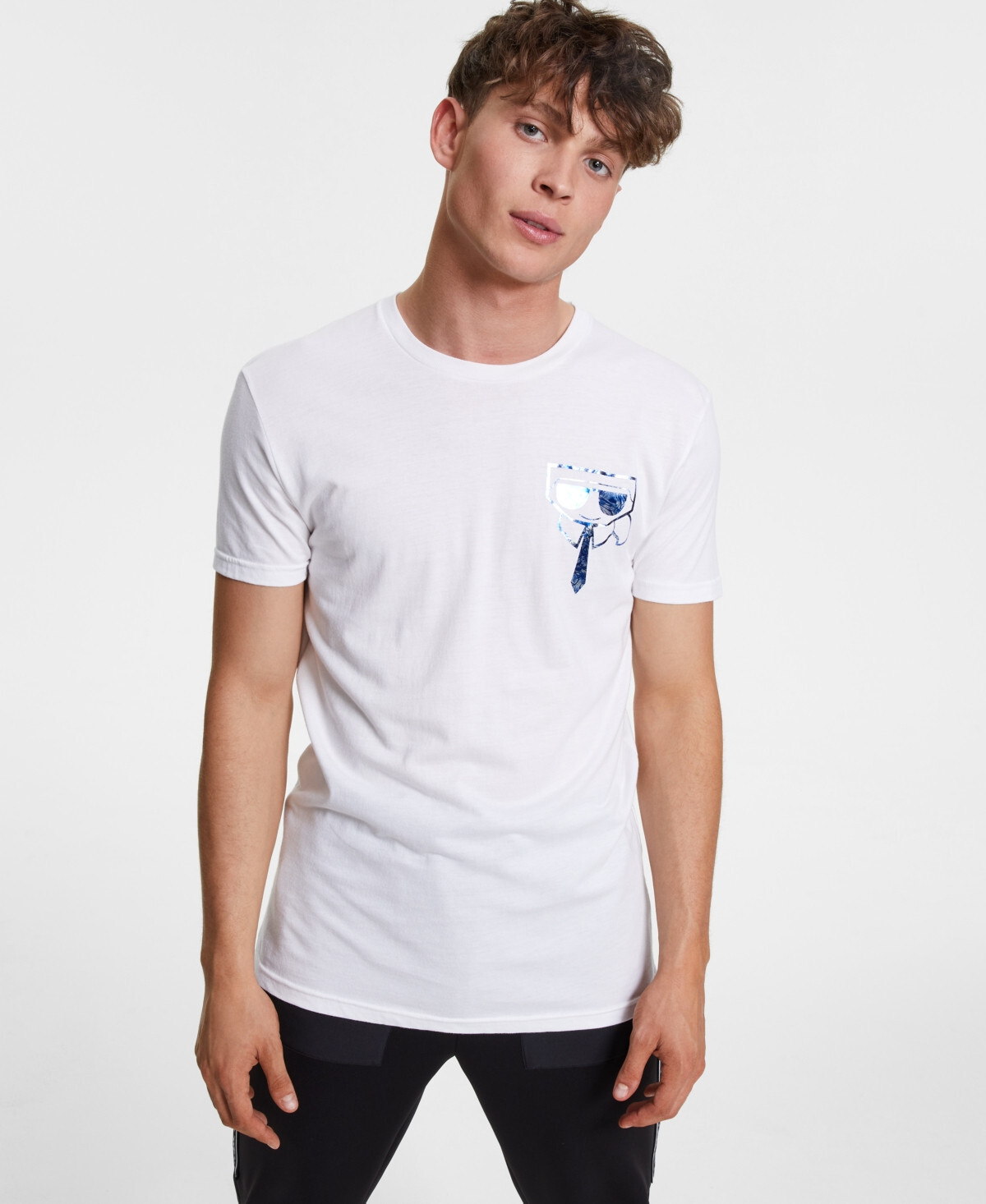 Karl Lagerfeld Paris Men’s Foil Character on Chest T-shirt, White Blue Foil XL