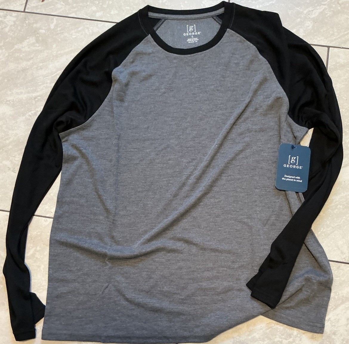 George Mens & Big Men’s Long Sleeve Raglan 2-color Tee Size L Black On Charcoal