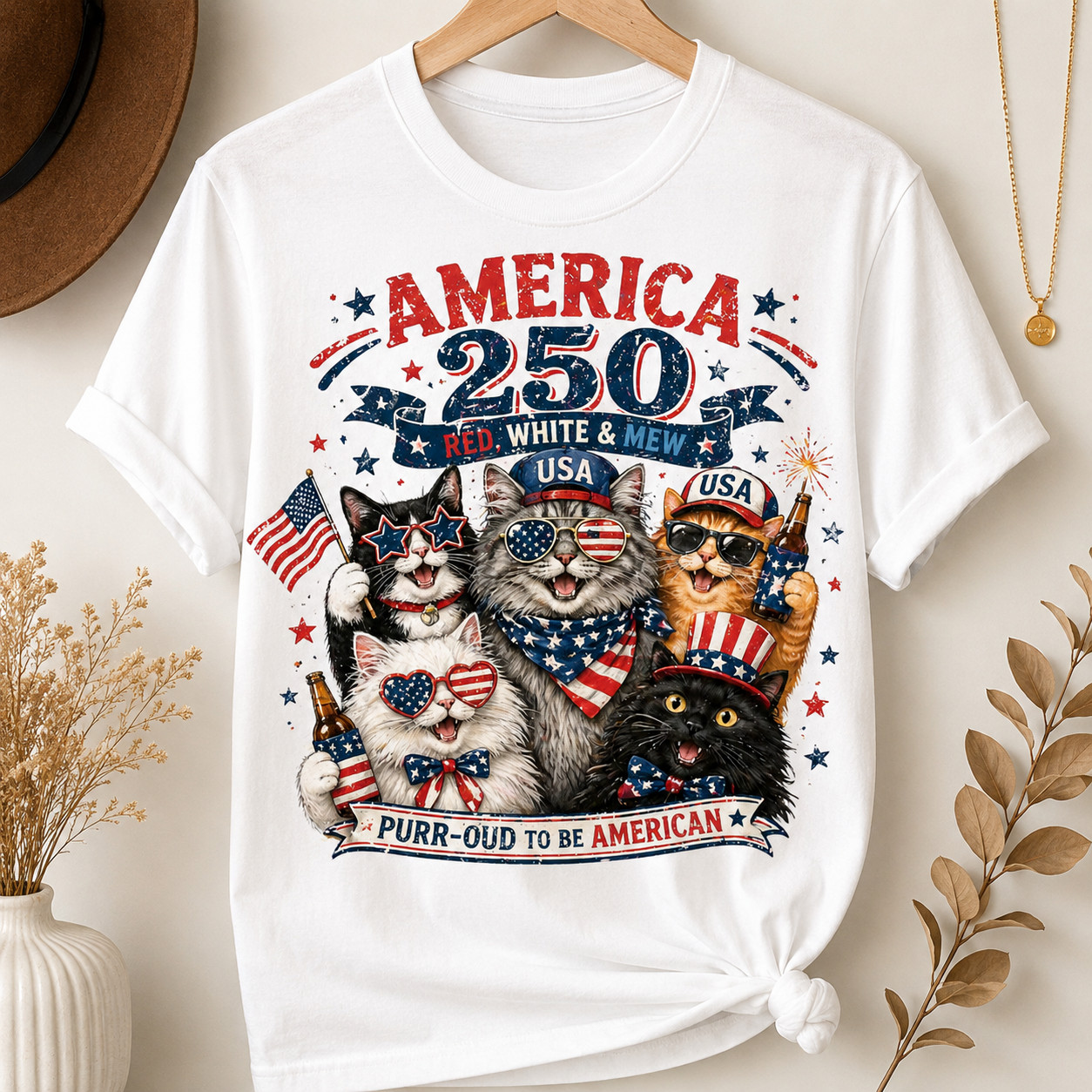 America 250 Birthday Shirt Patriotic Cat USA Flag 4th July Tee Gift