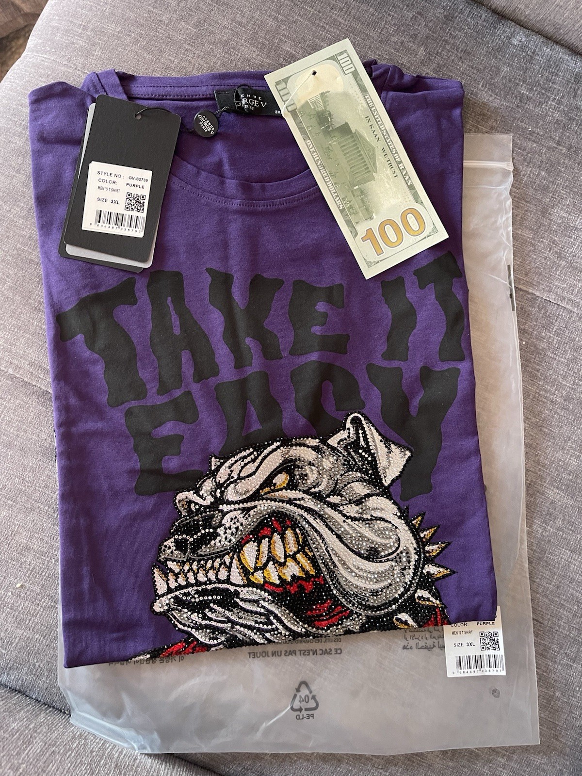 Avenue George V Paris T-Shirt Royal Bulldog Rhinestone Men’s Purple Fitted Tee