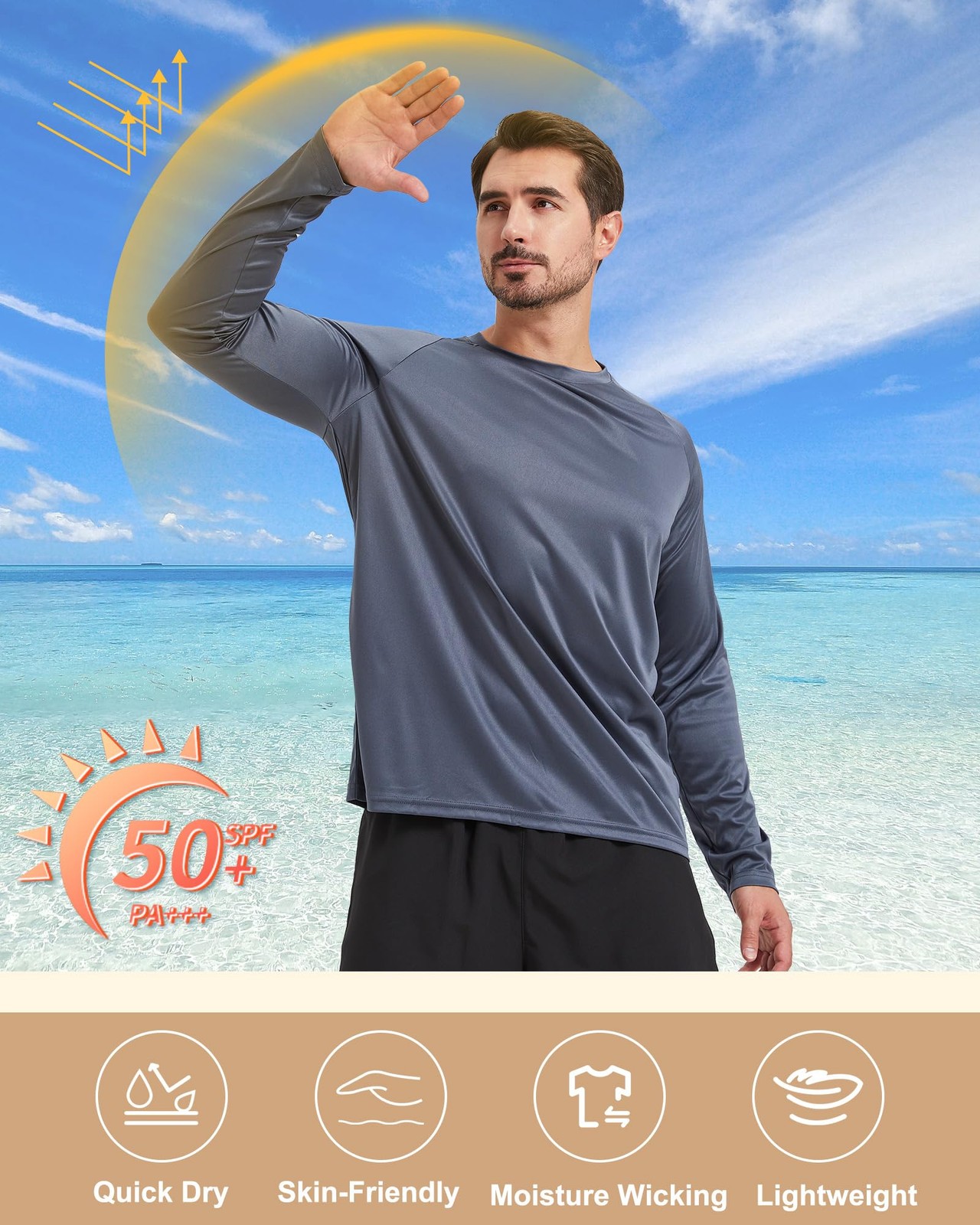 Men Long Sleeve Shirt Quick Dry UV Sun Protection Color Black Size XL