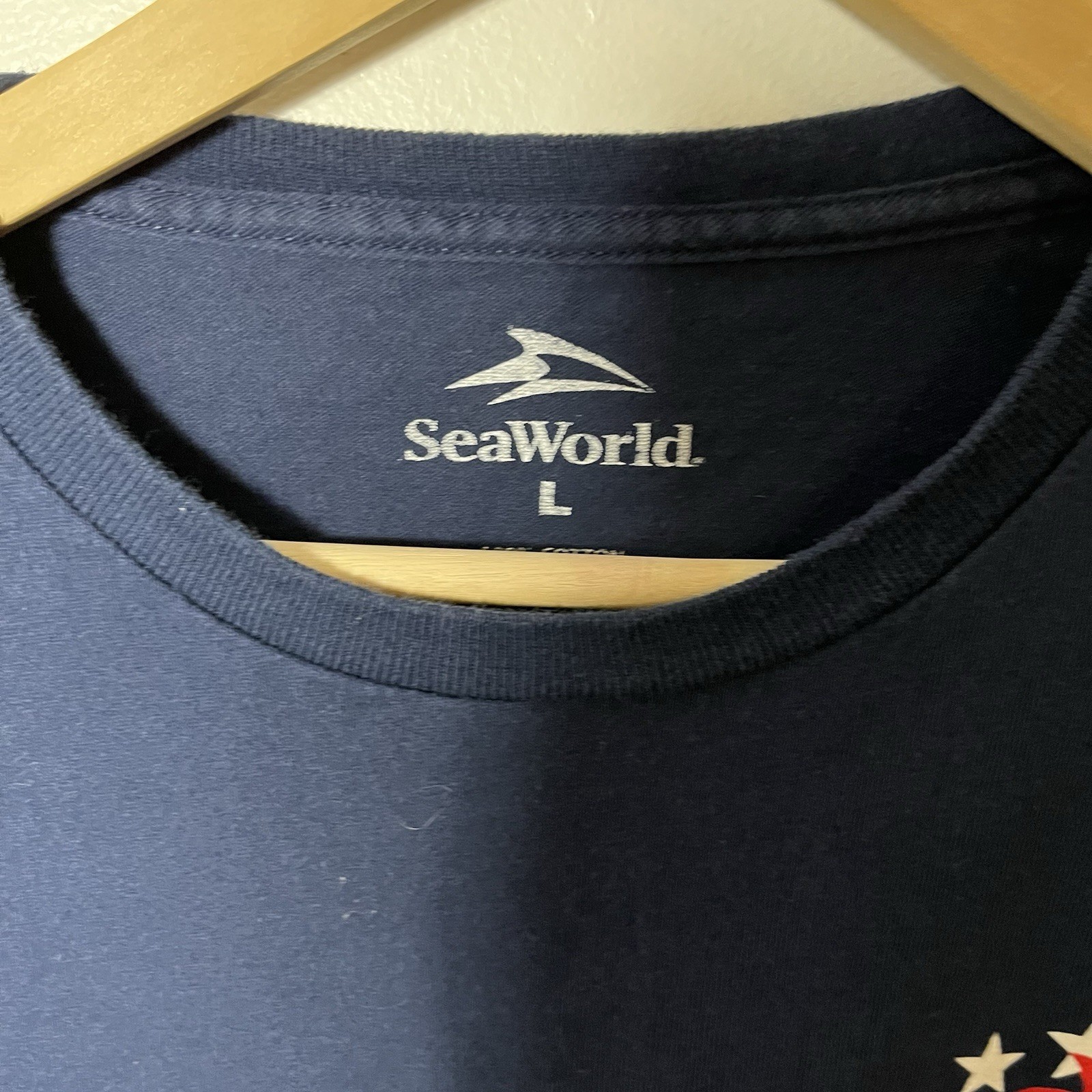 Marine World Navy Blue Red-White-Blue Stars Logo Size Large 100% Cotton