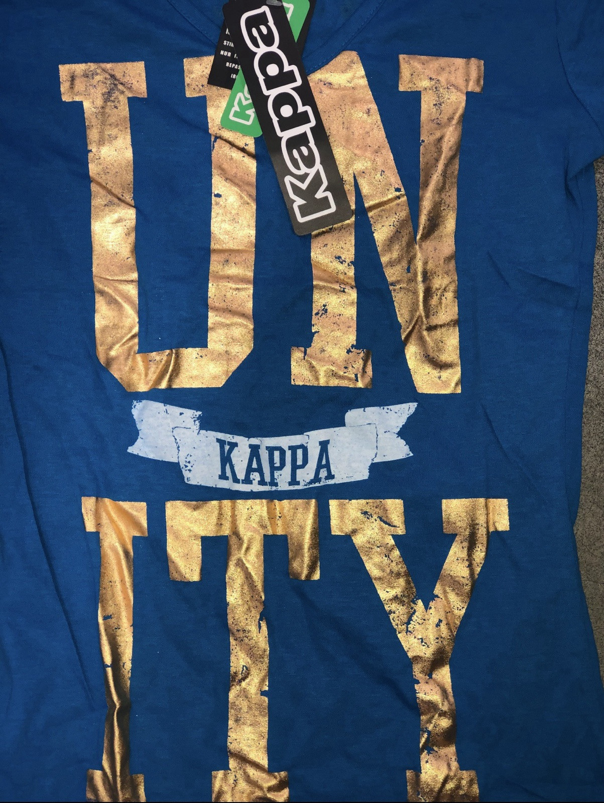 Authentic KAPPA Real Swarovski Crystal UNITY Italian Blue Gold Foil T Shirt L
