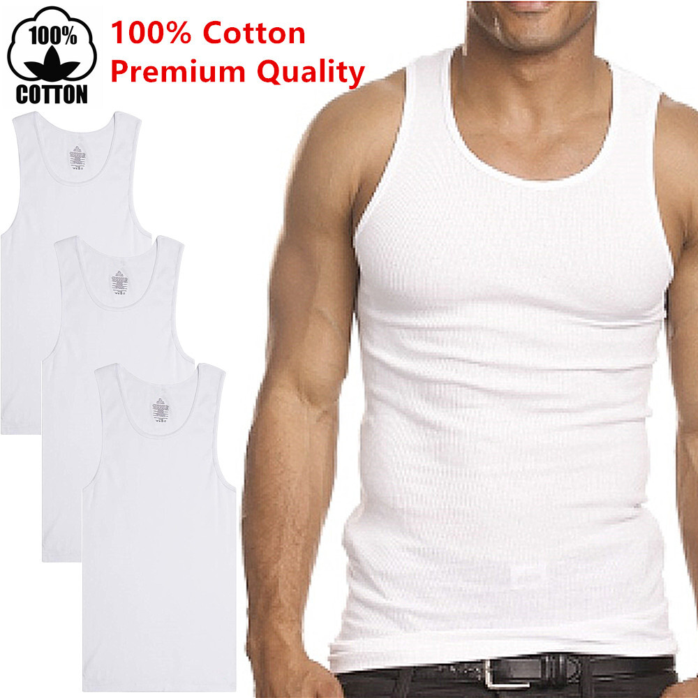 3-6 Packs Mens 100% Cotton Tank Top A-Shirt Wife-Beater Undershirt Ribbed White