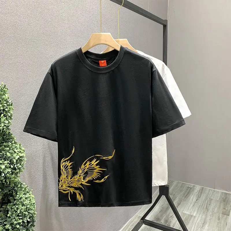 Men’s Premium Phoenix Embroidery Cotton T-Shirt Slim Fit Short Sleeve Tee