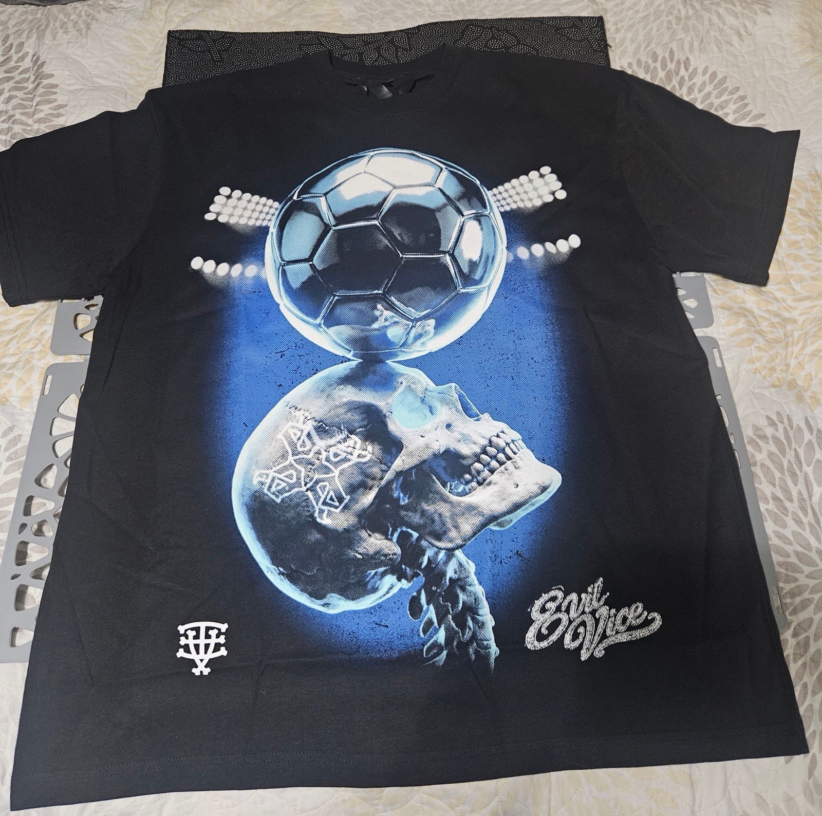 Evil Vice Soccer Skull Graphic T-Shirt Black Double Sided Heavyweight New