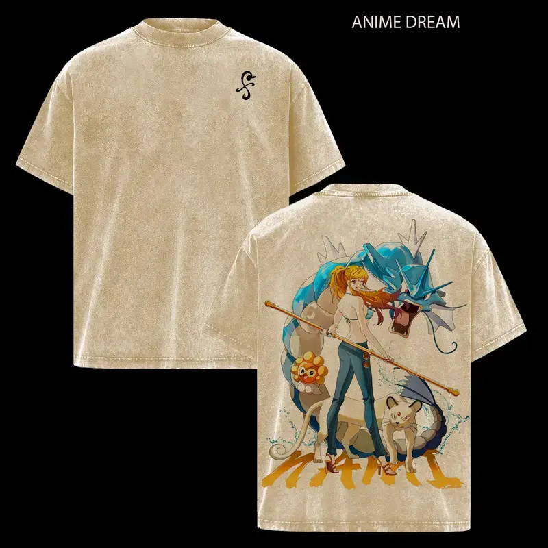 Nami OP x PKM Anime Double Printed Vintage Tee Unisex Manga Cotton T-Shirt