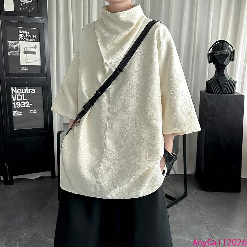 Black High Neck Silk Shirt Summer Thin Men’s High Neck 7-inch Sleeve Loose Tops