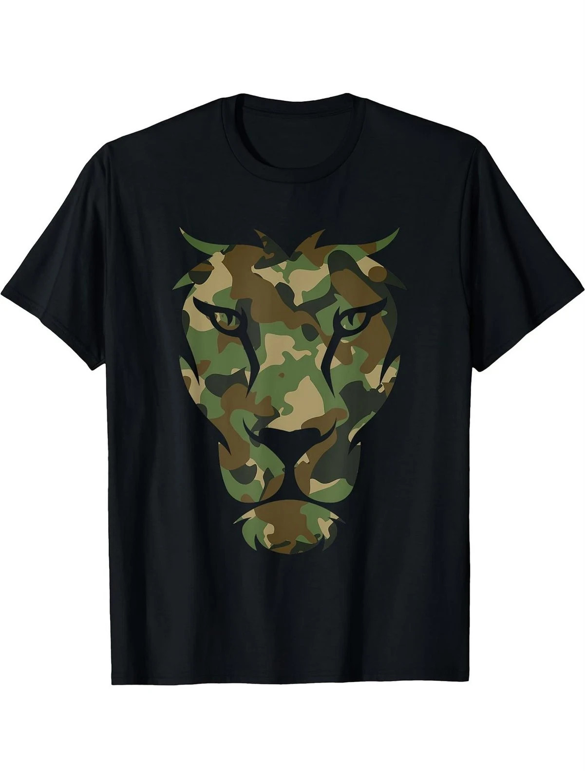 Camo Lion Head Graphic T-Shirt Military Camouflage Animal Print Tee