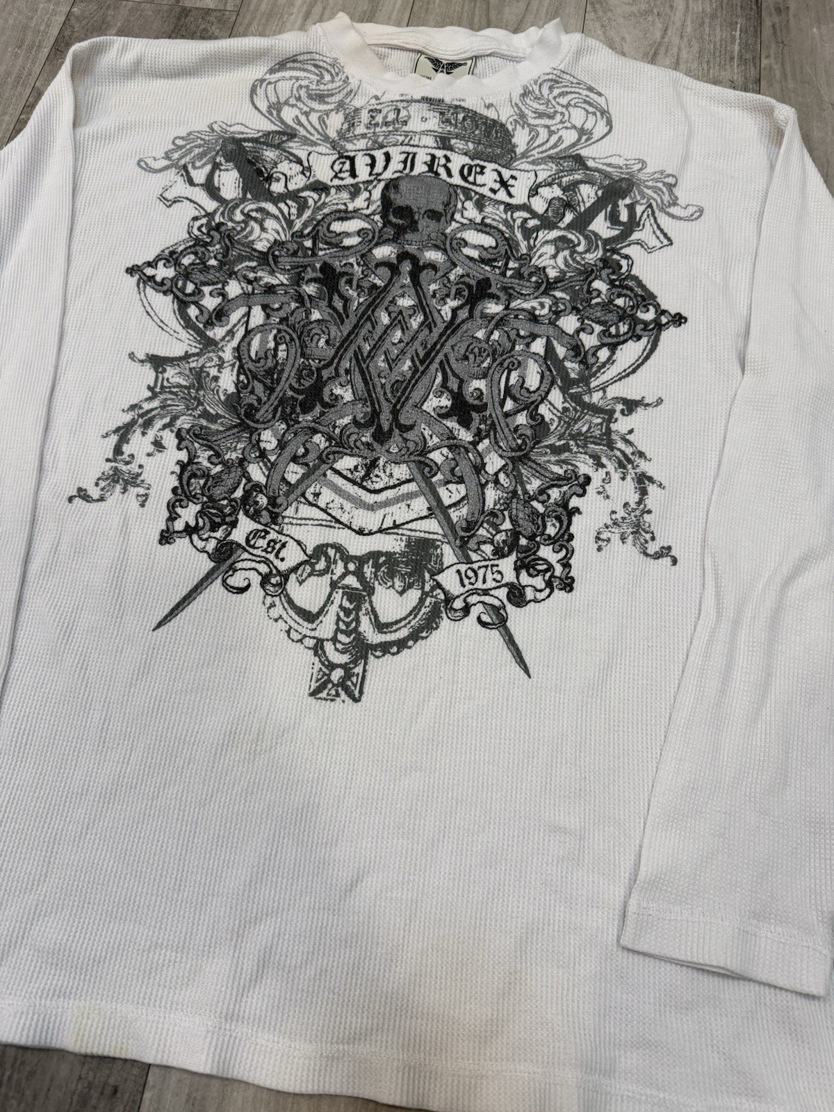 Avirex Shirt Large 00s Y2k Skull Skeleton Tribal Long Sleeve Tee White And Black