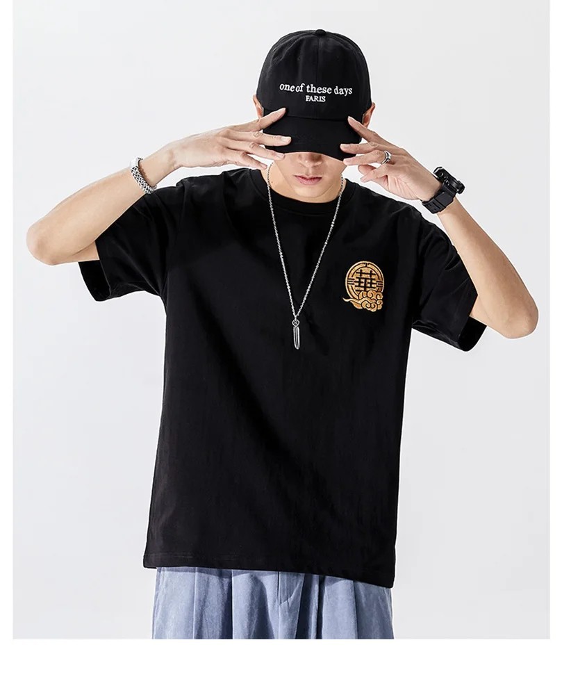 Men Embroidered Dragon T Shirt Chinese Style Streetwear Crew Neck Summer Tee Top