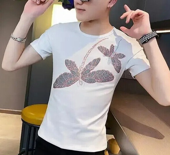 New Men Luxury Rhinestones Dragonfly Fashion Black White T-Shirt High Quality