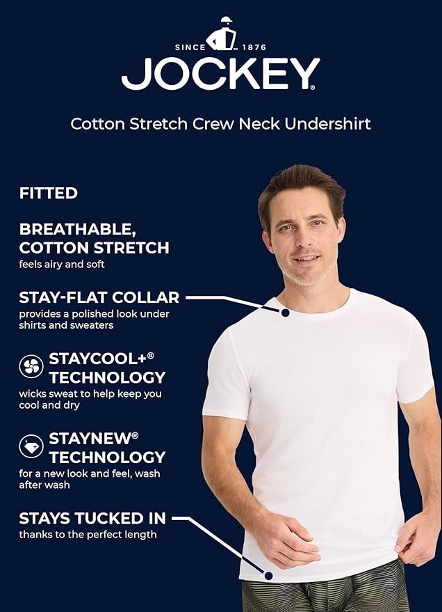 Jockey Men’s Undershirt Cotton Stretch Crew Neck Undershirt – 3 Pack L