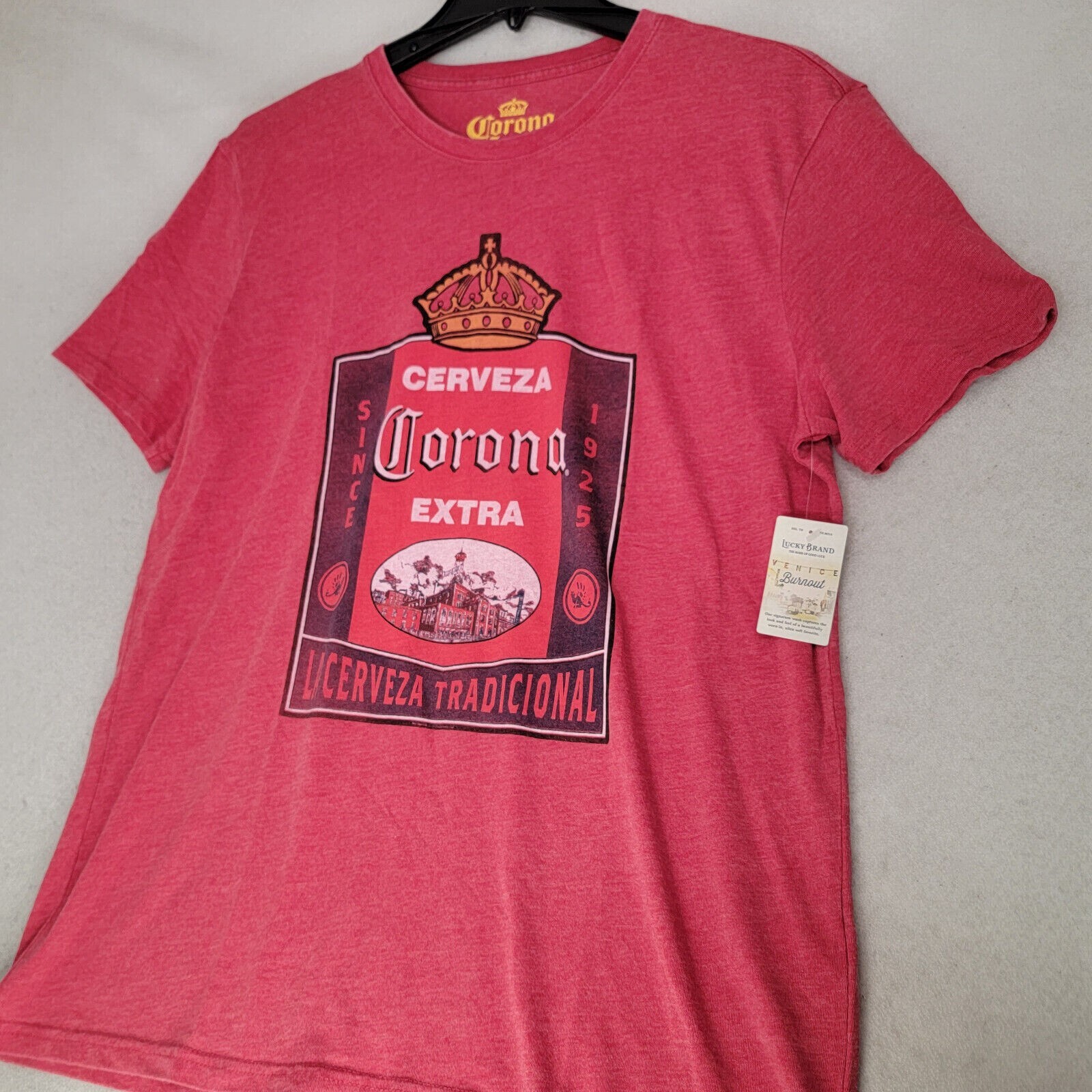 Lucky Brand Corona Beer Shirt Mens Large RED Casual Mexican Lager Distressed NWT