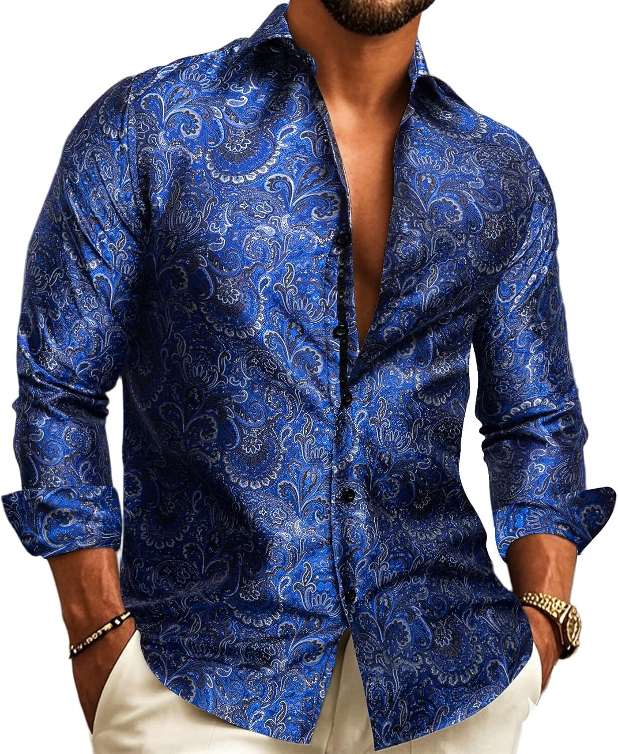 Mens Silk Paisley Western Shirt Long Sleeve Button Down Cowboy Dress Top Casual