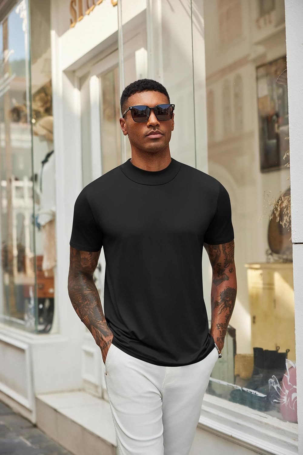 Men’S Mock Neck T Shirt Short Sleeve Slim Fit Basic Casual T-Shirts Solid Color