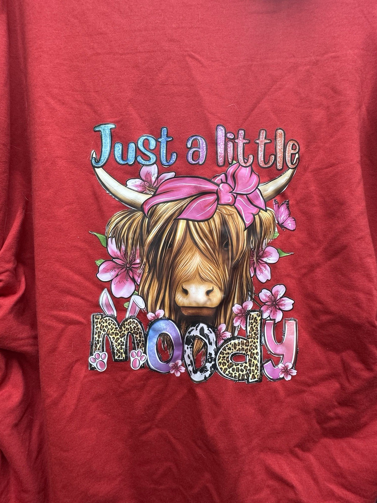 HIGHLAND COW 🐄JUST LITTLE MOODY 🐄 GRAPHIC DESIGN SM Red Maternity Shirt!