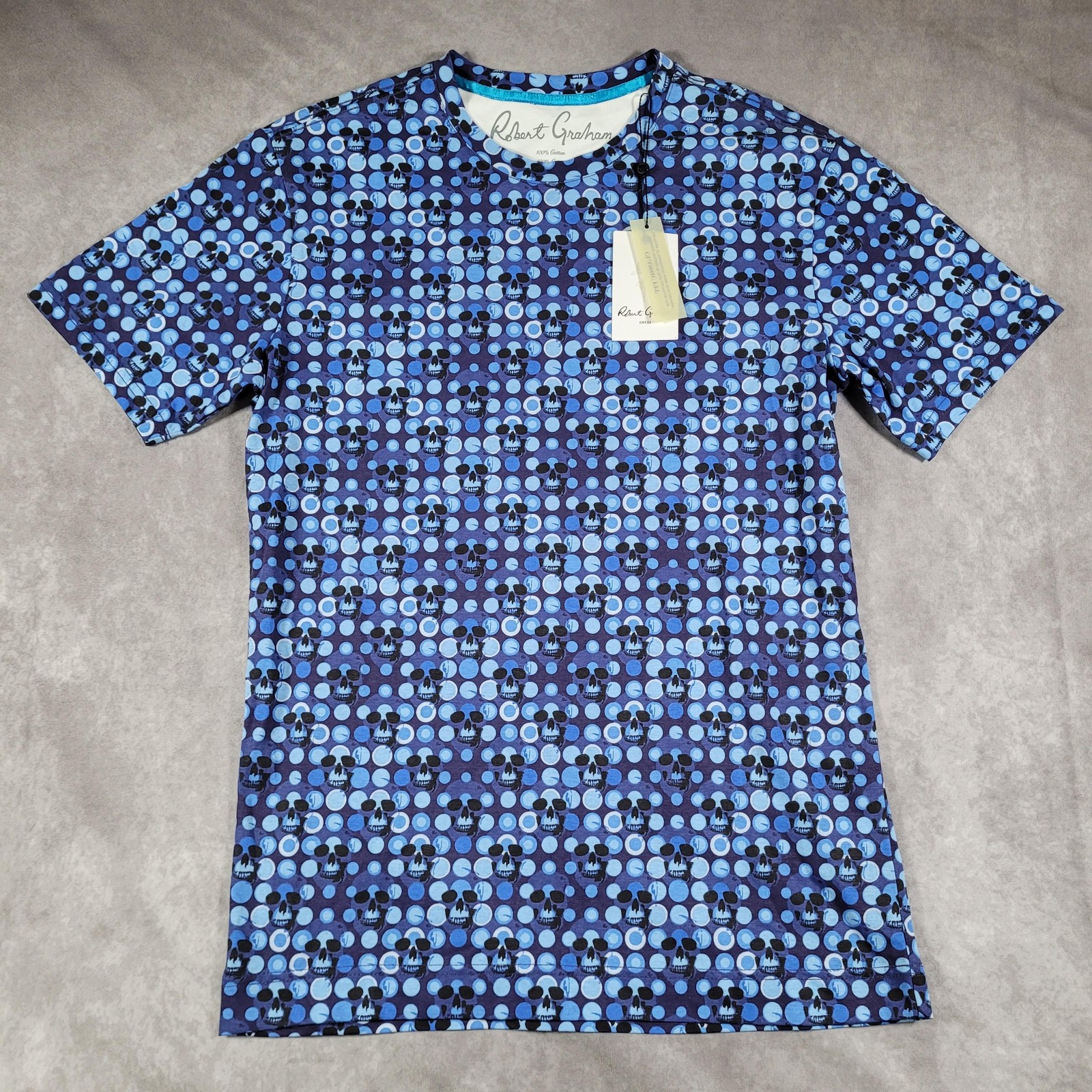 Robert Graham Shirt Mens XS Blue Spotted Skulls Classic Fit Graphic Tee Designer
