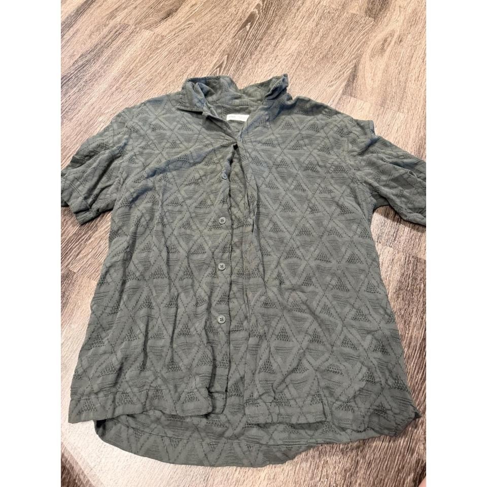 Zara Mens Olive Green Geometric Textured Triangle Pattern Short Sleeve Shirt L