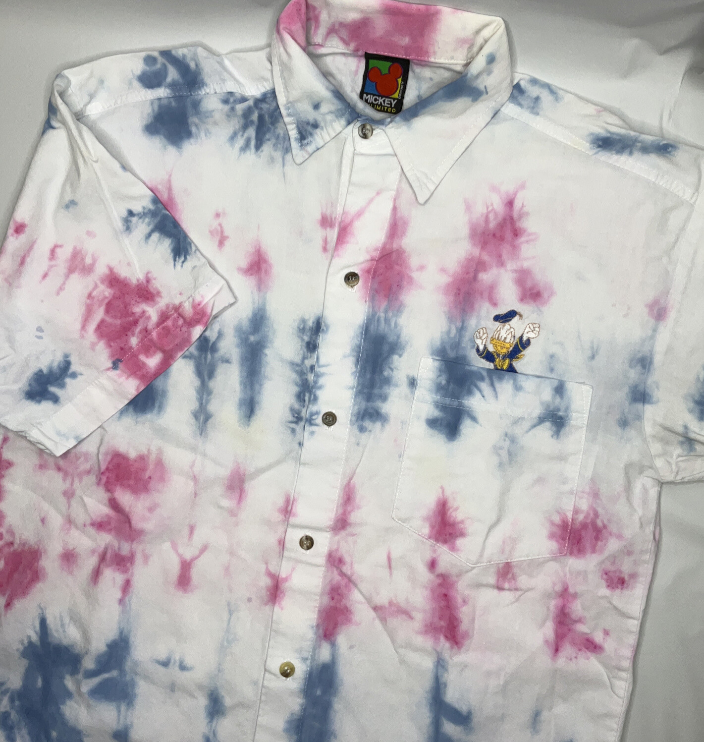 Vintage Disney Mickey Unlimited Shirt Sz M Donald Duck Tie Dye 90s Button Front
