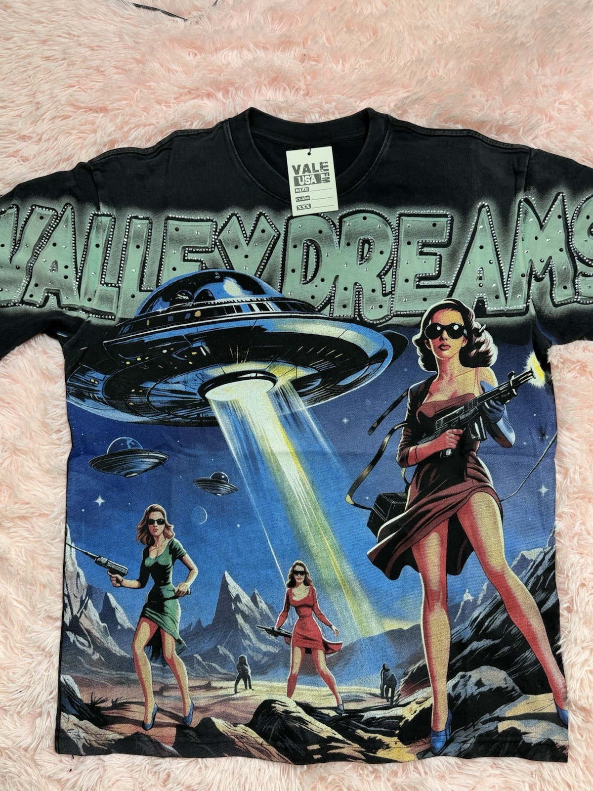 Valefm Unisex Adults L Black Space Graphic Rhinestone Studded Crew Neck T-Shirt