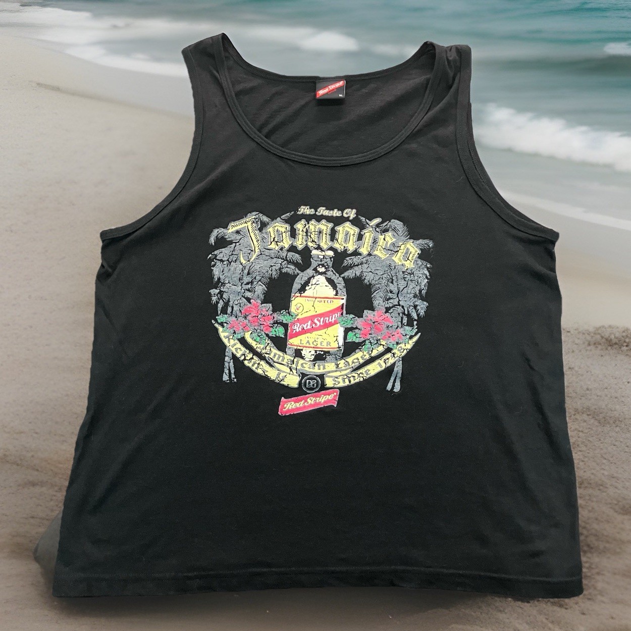 Red Stripe Beer Shirt Mens Jamaican Sleeveless Tank Top Beach Tee XL