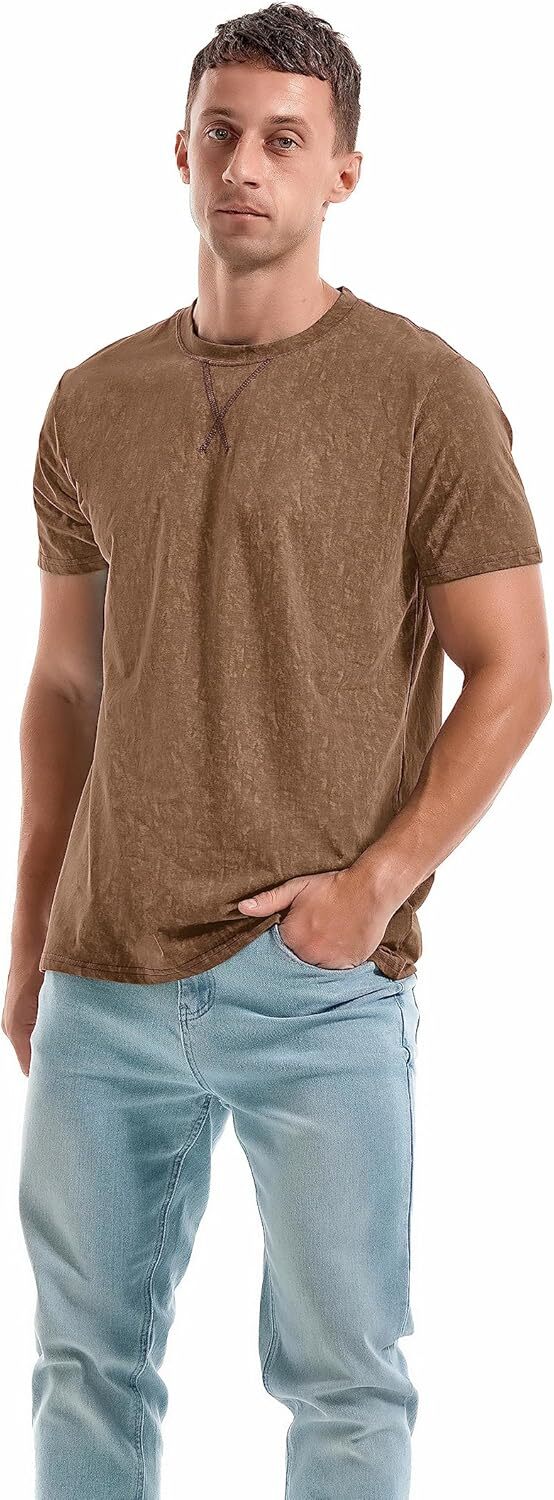 Men’s T Shirt Crew Neck Short Sleeve Cotton Spandex Washed Vintage Casual Tee