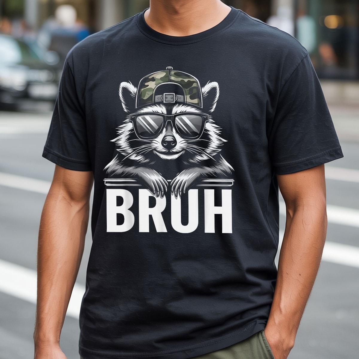 Bruh Raccoon Camo Hat T-Shirt Funny Raccoon Meme Shirt Youth Trash Racoon Tee