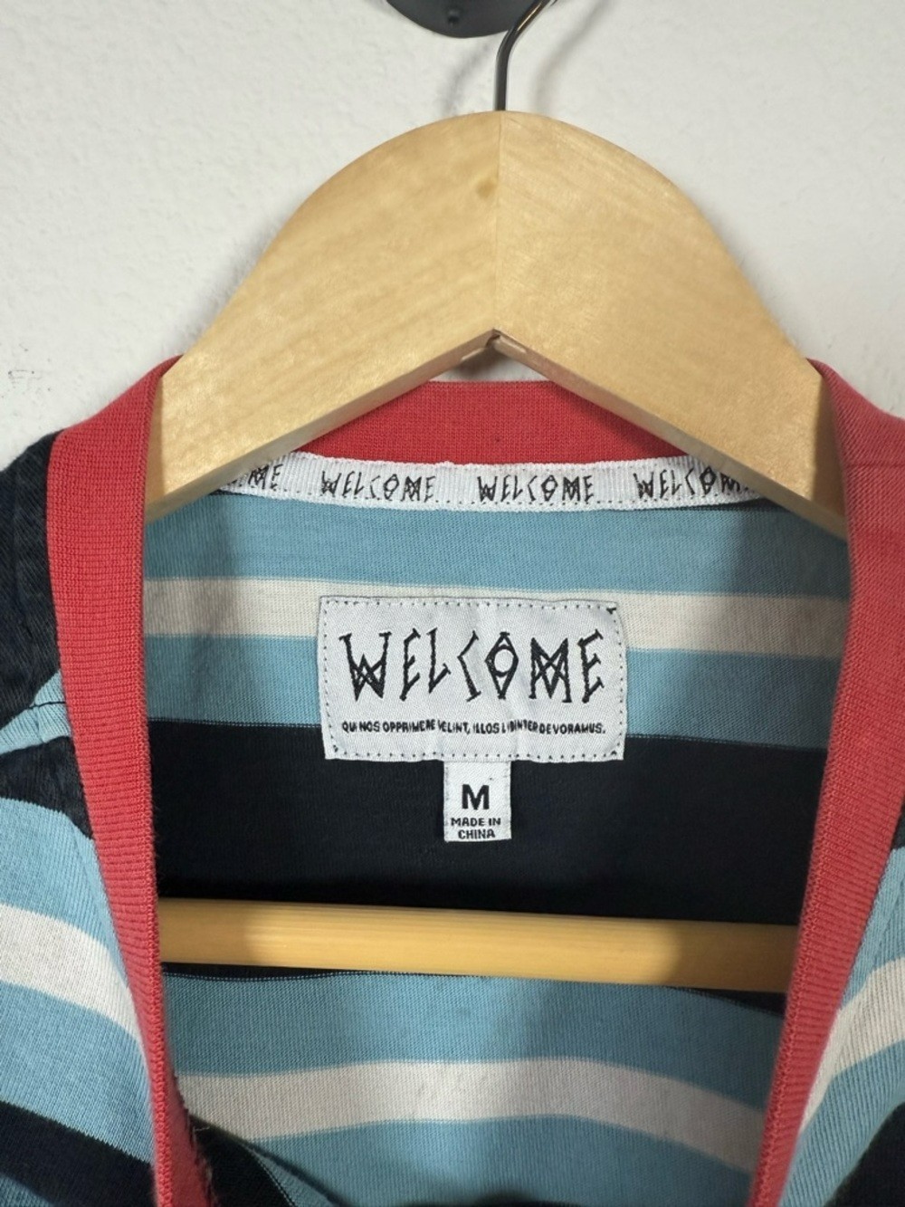 Welcome Skateboards Men’s Striped Crewneck Tee Blue/Red/Black/White M