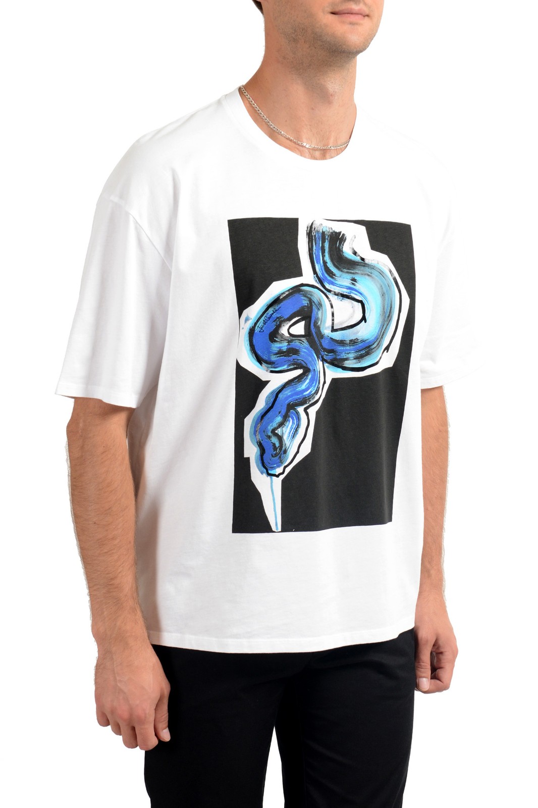Just Cavalli Men’s White Graphic Print Crewneck T-Shirt US 2XL IT 56