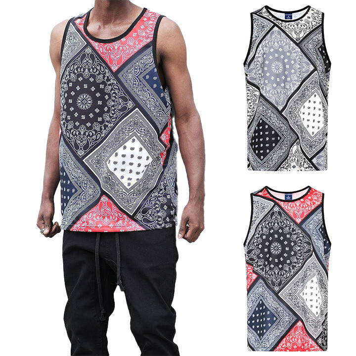 Victorious Men’s Casual Diagonal Bandana Mix Paisley Tank Top TT102