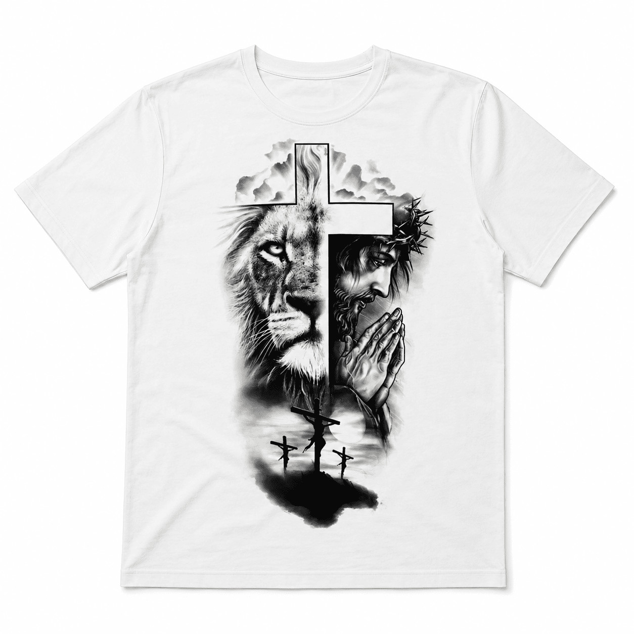 Lion of Judah and Jesus Crown of Thorns Graphic Tee – Christian Faith T-Shirt