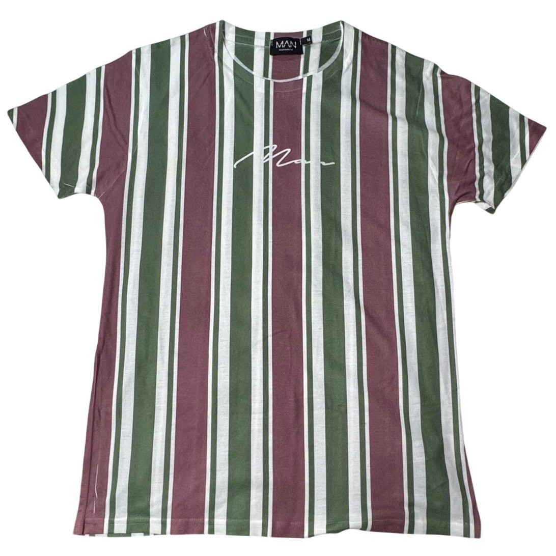 boohooMAN Mens Knit Shirt Bundle Pink Green Navy Yellow Stripe 2 Pack Medium
