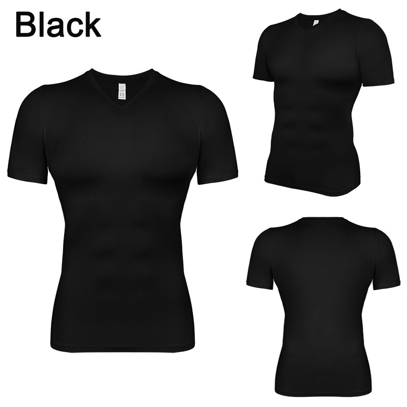 Athletic Mens V-neck Slim Fit Compression T-shirts Short Sleeve Cool Dry Tops