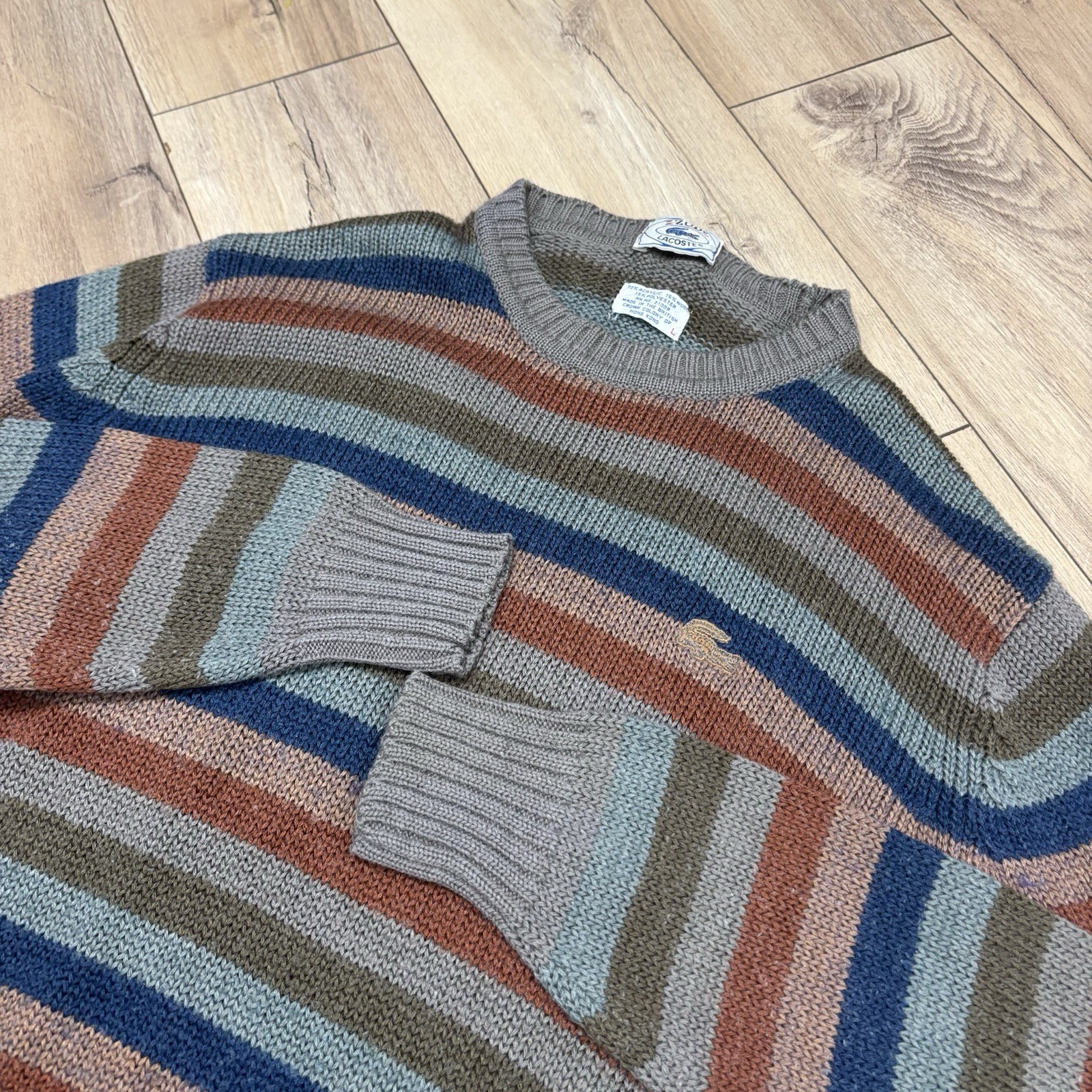 Vintage Izod Lacoste Sweater Mens L Striped Knit Gray & Blue Acrylic Wool VTG