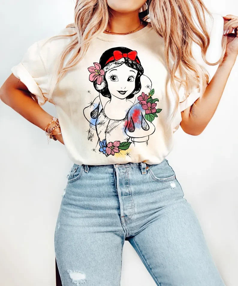 Snow White Princess Sketch Retro Shirt, Snow White & the Seven Dwarfs Floral Tee
