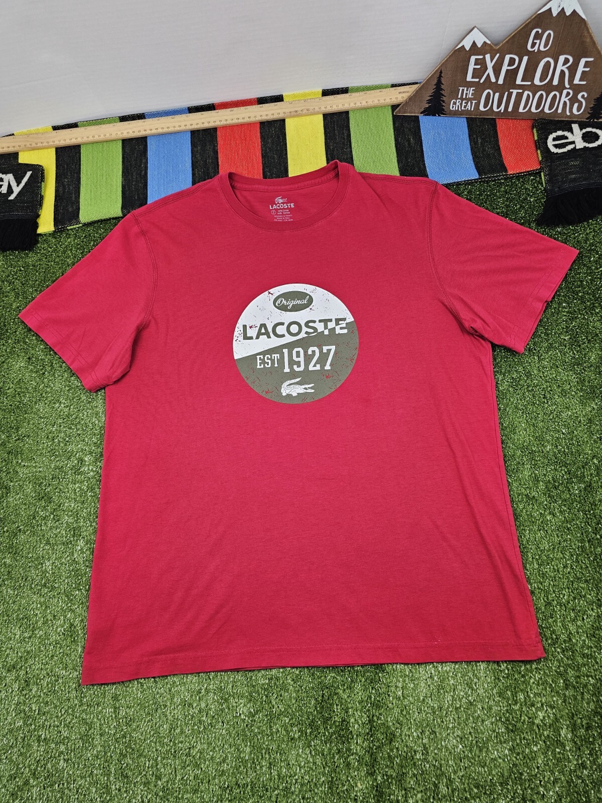 Lacoste men crewneck graphic tshirt size L 7 red vintage style logo cotton peru