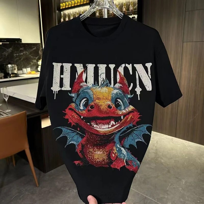 New Men Luxury Diamond Dragon Rhinestones Fashion T-Shirt High Quality 4 Colors
