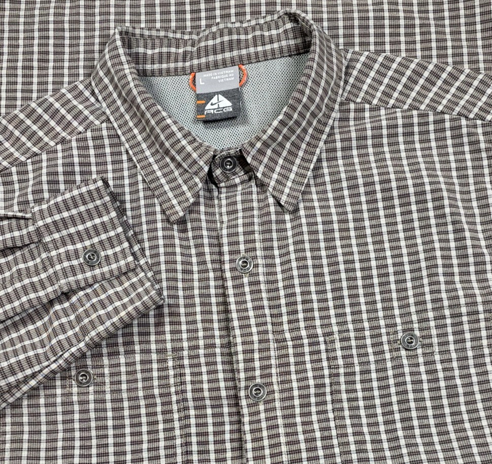 VTG Nike ACG Long Sleeve Shirt L Olive Gray Plaid Button Up Outdoor Gorpcore
