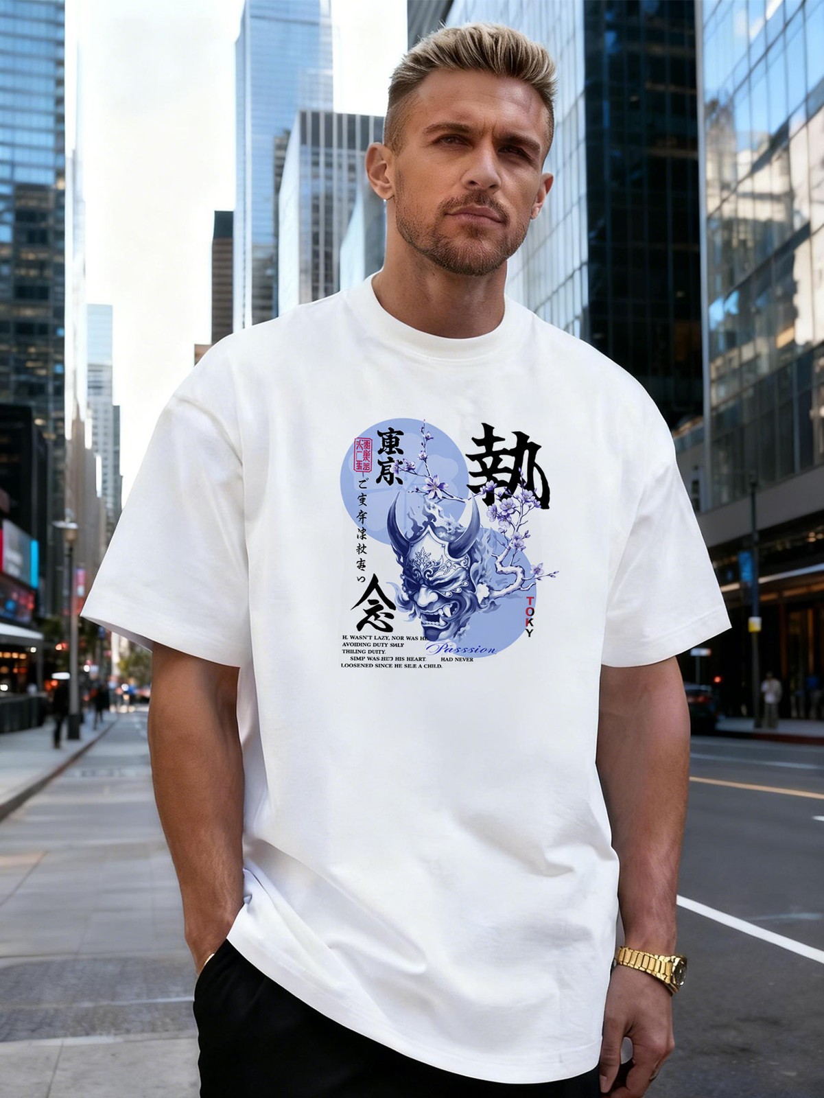 Oni Mask and Sakura Graphic Cotton Men’s T-Shirt, Suitable for Daily Streetwear