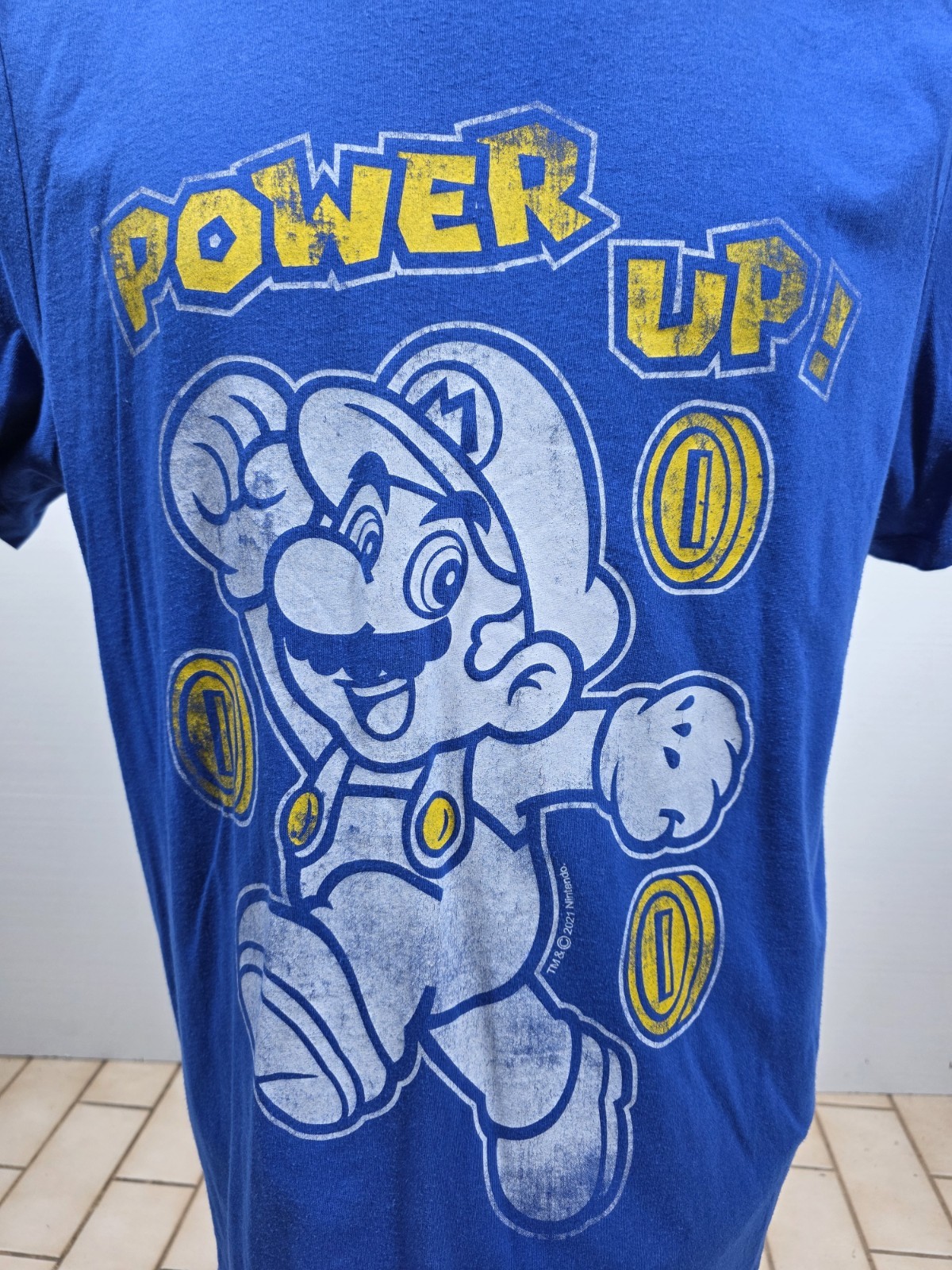 GAP x Nintendo Mario Power Up Tee Blue XL Coins Distressed Collab 2021