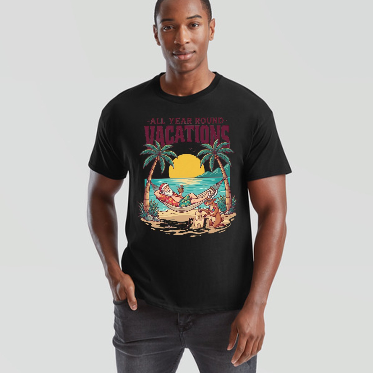 All Year Round Vacations Christmas Santa Reindeer Beach Graphic Unisex Tee