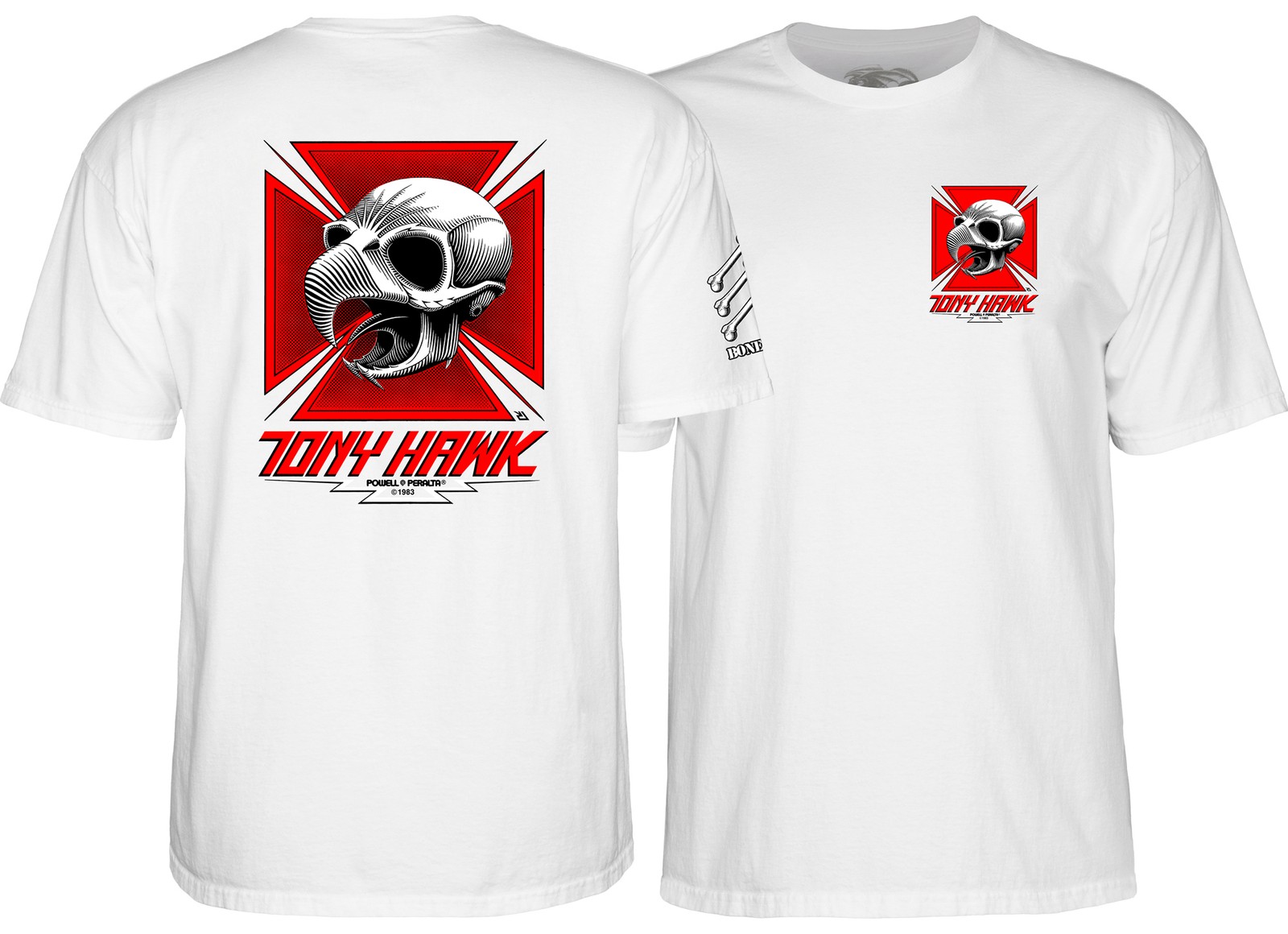 Powell Peralta BONES BRIGADE Tony Hawk CHICKEN SKULL Skateboard T Shirt WHITE