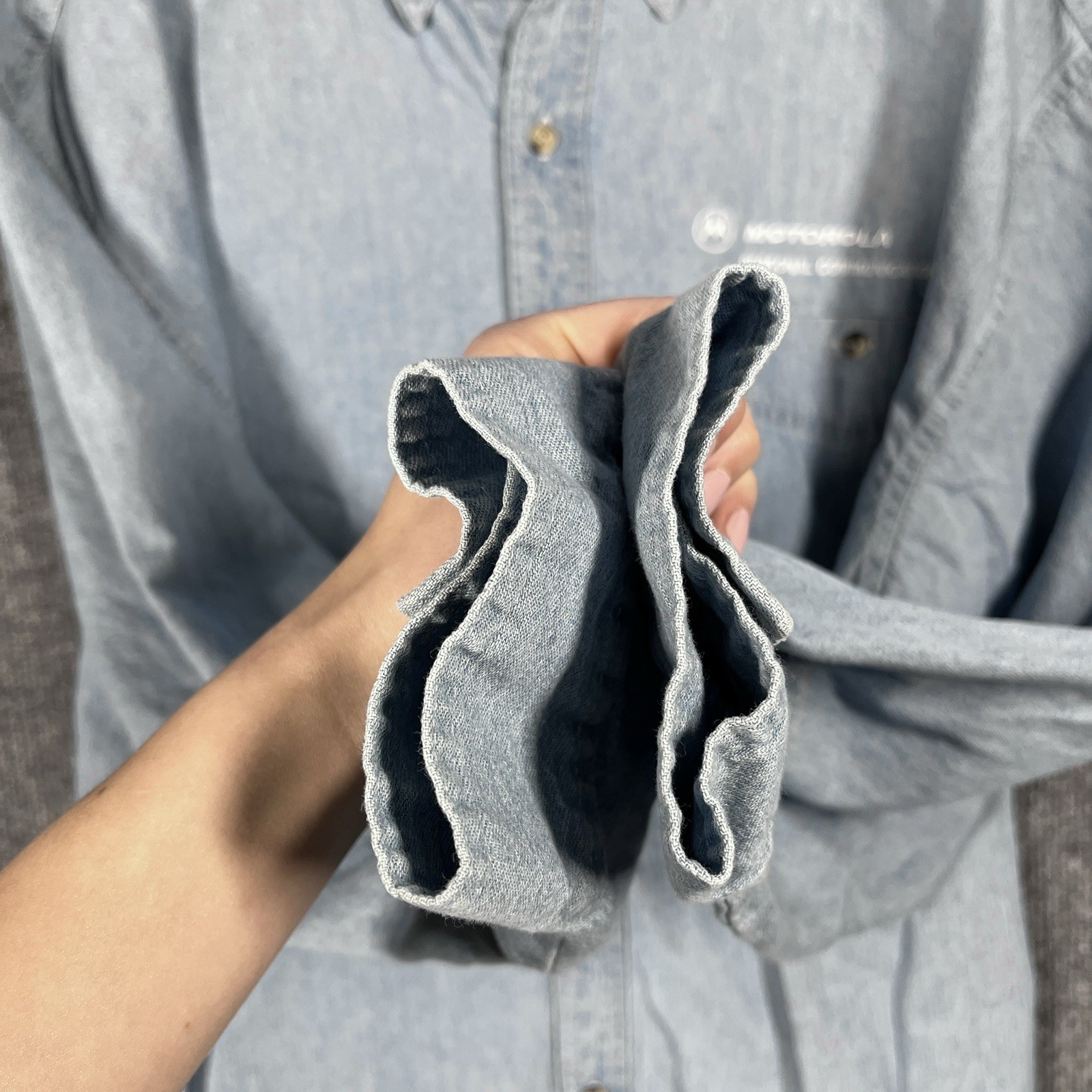 VINTAGE 90s Motorola Employee Shirt Mens XL Denim Chambray Tech Promo Cell Phone