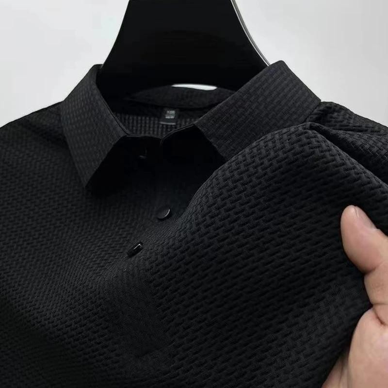 New Men’s Business Casual Short Sleeved Bone Flower Solid Color Polo Shirt Fashi